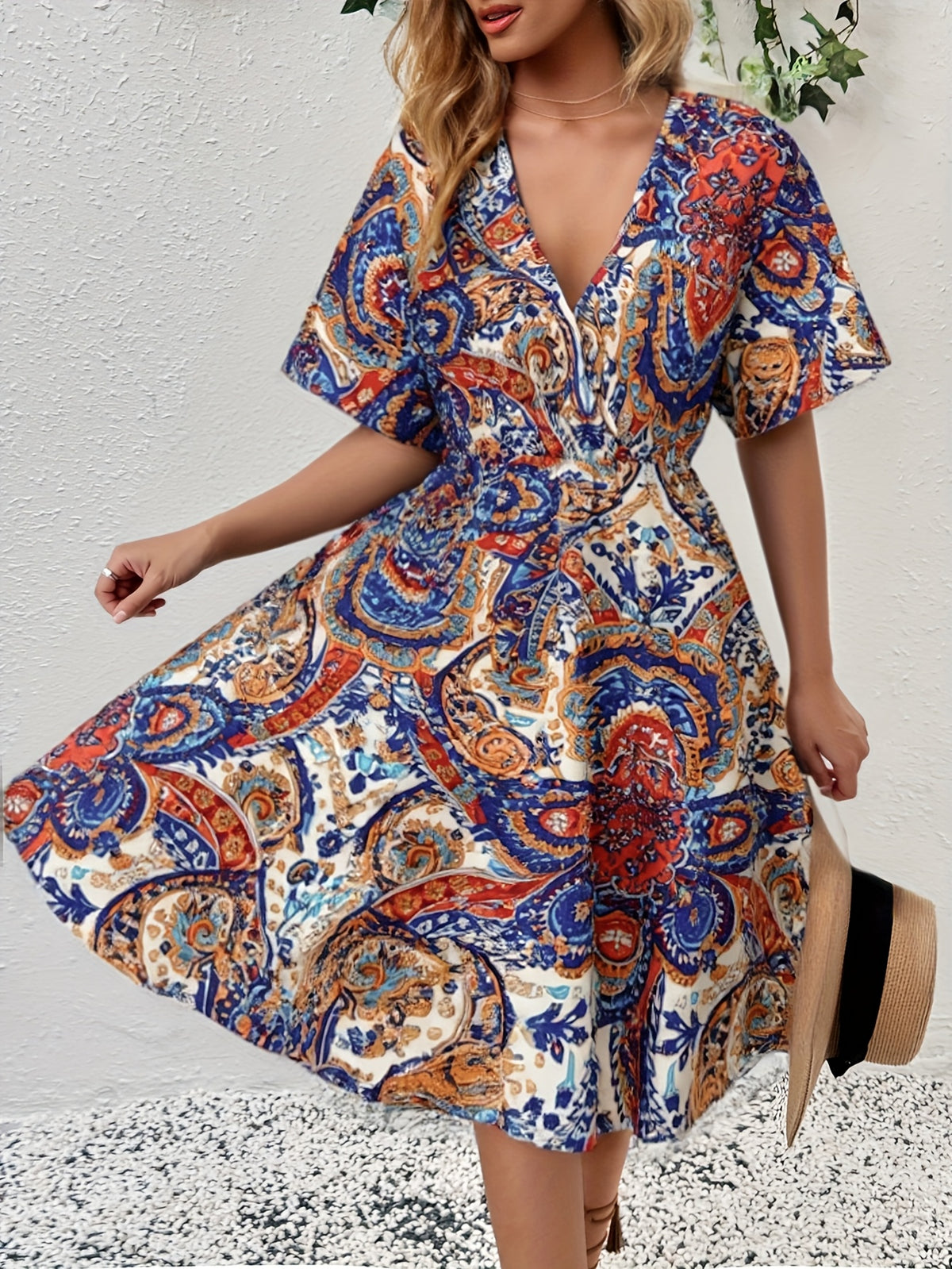 Elegant V Neck Batwing Sleeve Floral Print Dress, Polyester 100% Woven Sun Dress for Adult Women, All Season