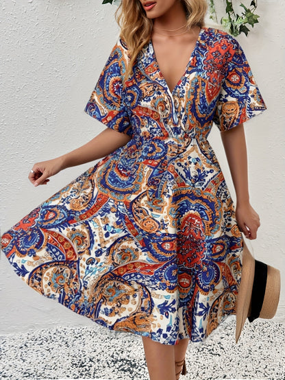 Elegant V Neck Batwing Sleeve Floral Print Dress, Polyester 100% Woven Sun Dress for Adult Women, All Season