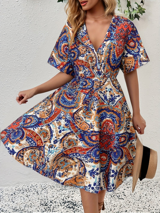 Elegant V Neck Batwing Sleeve Floral Print Dress, Polyester 100% Woven Sun Dress for Adult Women, All Season