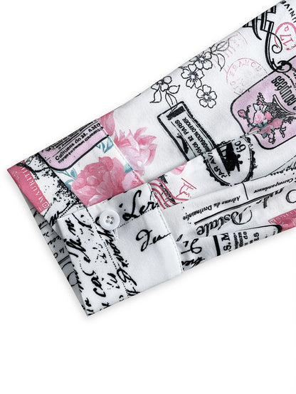 Women'S Casual Long Sleeve Button-Up Shirt with Floral and Letter Print - White with Pink and Black Design, Short Sleeve, Drop Shoulder, Perfect for Spring\u002FSummer, Casual Attire|Floral Print Shirt|Drop Shoulder Design