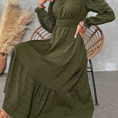 Women's Elegant Casual Long Sleeve Dress with Round Neck & Ruching Details - A-Line Silhouette, Machine Washable, All-Season Versatile Solid Color Dress for Women, Flowy Fabric Gown
