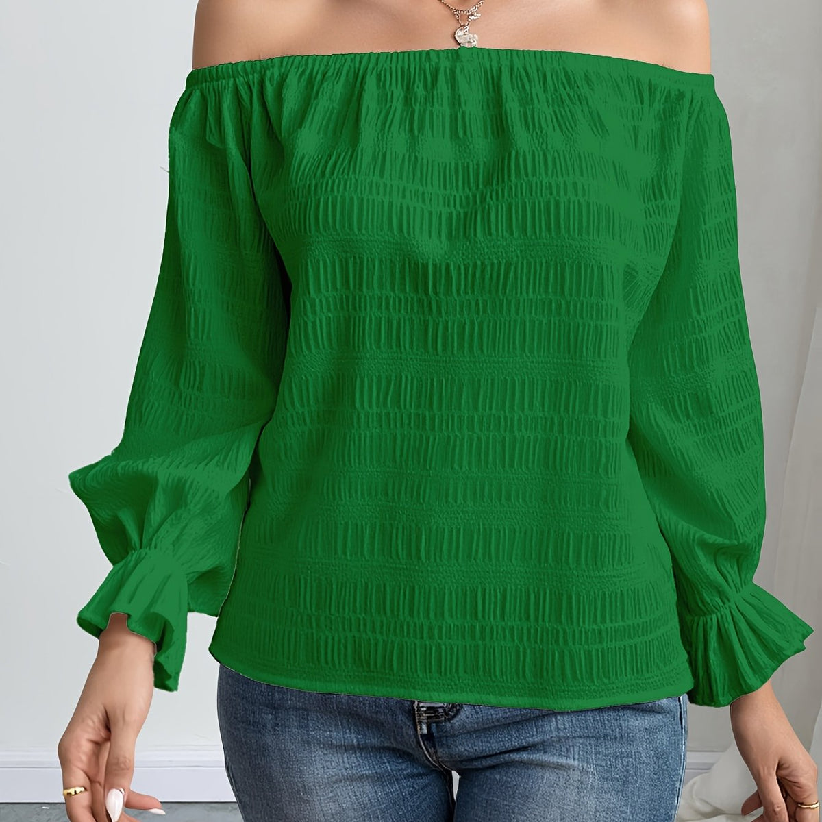 Solid Color Casual Elegant Pleated Off-Shoulder Long Sleeve Shirt Summer Wear
