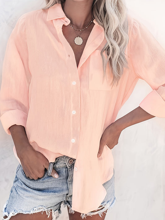 Women'S Casual Long Sleeve Button-Up Shirt - Summer Lightweight Solid Color, Classic Collar, Versatile for Casual Attire, Versatile Blouse | Classic Collar Style | Nontransparent Fabric
