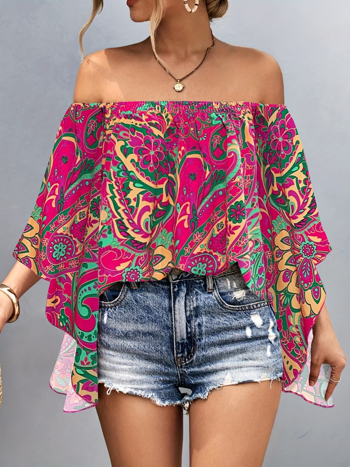Women'S Off-Shoulder Floral Print Blouse - Vibrant Pink & Green Tropical Design, Ruffled Sleeves, Lightweight Polyester, Perfect for Summer Casual Outings, Ladies Blouses