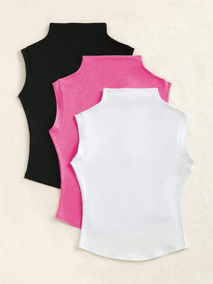 Women'S Three-Piece Set with a High-Neck Sleeveless Top, Perfect for Casual Summer Wear, Featuring a Slim Fit T-Shirt.