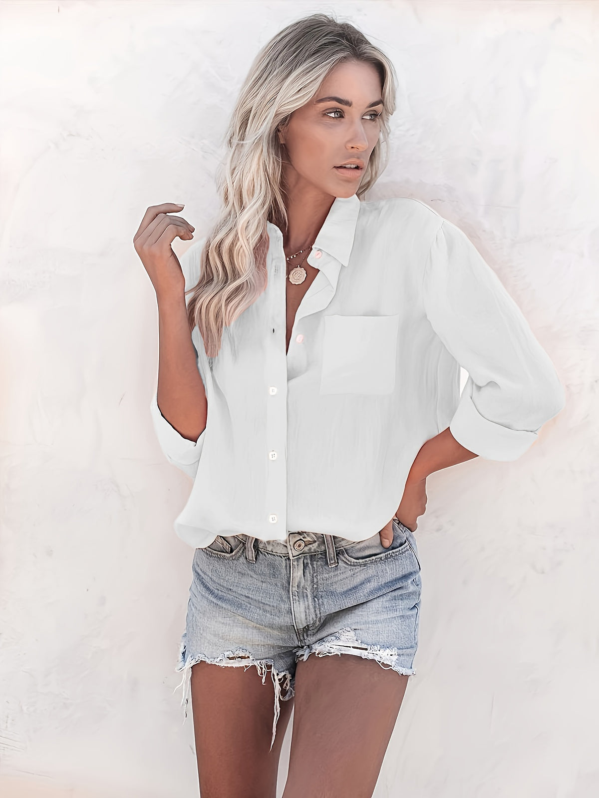 Women'S Casual Long Sleeve Button-Up Shirt - Summer Lightweight Solid Color, Classic Collar, Versatile for Casual Attire, Versatile Blouse | Classic Collar Style | Nontransparent Fabric