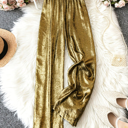 Women's Summer Casual Solid Color Straight Leg Pants - Golden Shimmer Textured Fabric, Elastic Waistband, Machine Washable, Spring\u002FSummer Long Pants for Adults, Spring Casualwear, Durable Casualwear, Shimmering Fabric